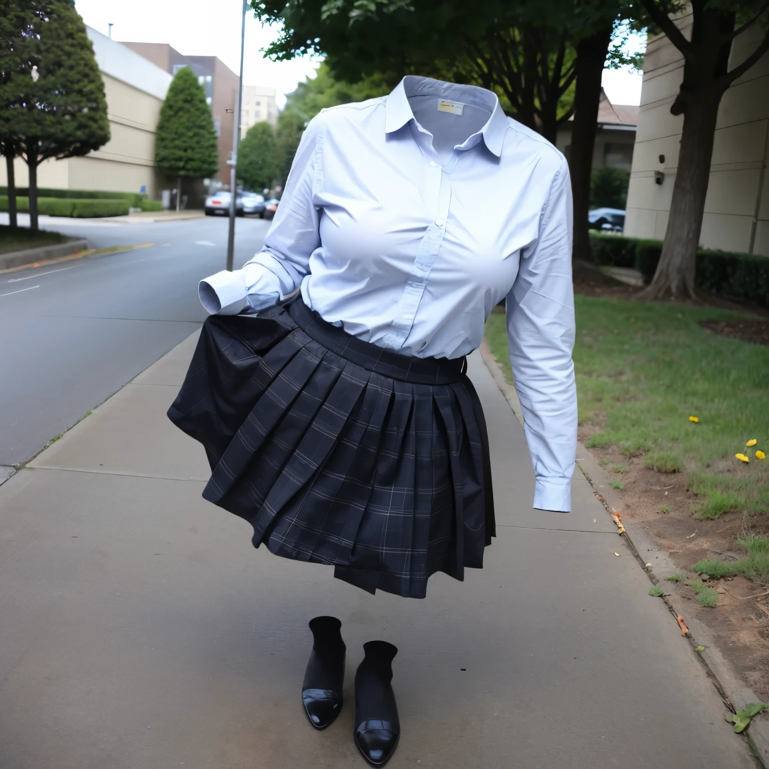 (school uniform), park, cute pose, (invisible, no humans, headless, faceless:1.5), (close-up to breasts), cute big breasts, chubby, fat, plaid skirt, blue stripe tie, long sleeve