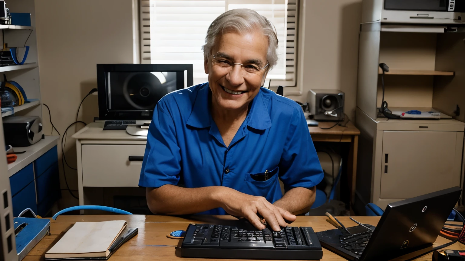 A vibrant, happy, smiling, senior is repairing an opened computer, wearing a mechanic like uniform