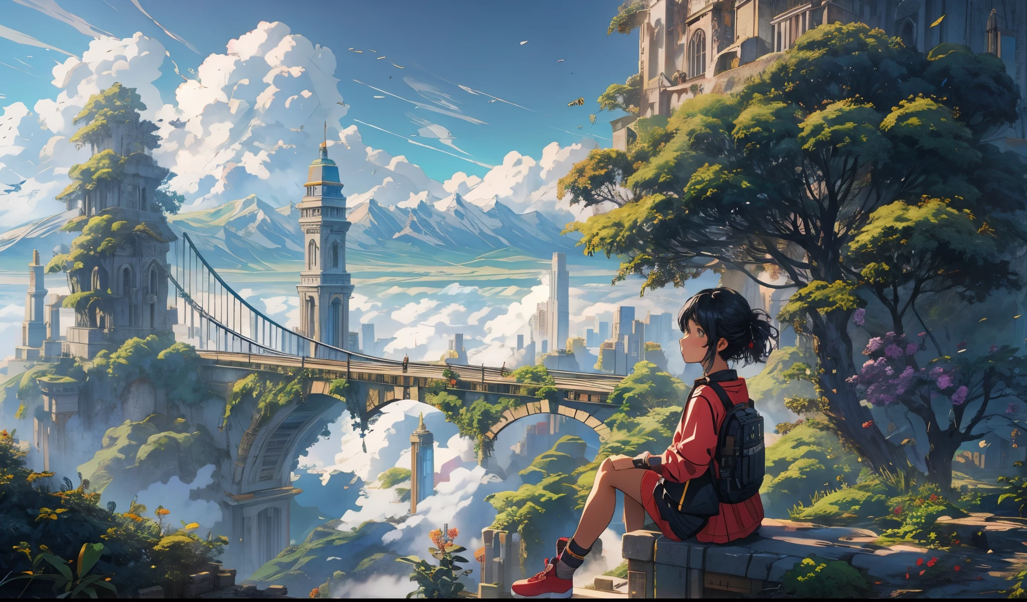 octane render,8K resolution concept art, realism,by Mappa studios,masterpiece,best quality,official art,illustration,ligne claire,(cool_color),perfect composition,absurdres, fantasy,focused,(in the air),(above the cloud:1.4),(finely detailed ancient lost_city:1.3),(lost_city towering above the clouds:1.2),epic,(focus_girl:1.2),(girl in city peak of Broken bridge), sitting on the verge of that bridge looking at the far horizons,rule of thirds,anime_face,fine-tuning face, detailed eyes,cute face,black hair, finely detailed fantasy traveler clothes,calm expression ,overhead_viewer,wind blow at viewer,fantastic plant,book,(Giant World Tree),motion,(depth_of_field), extension image, front view