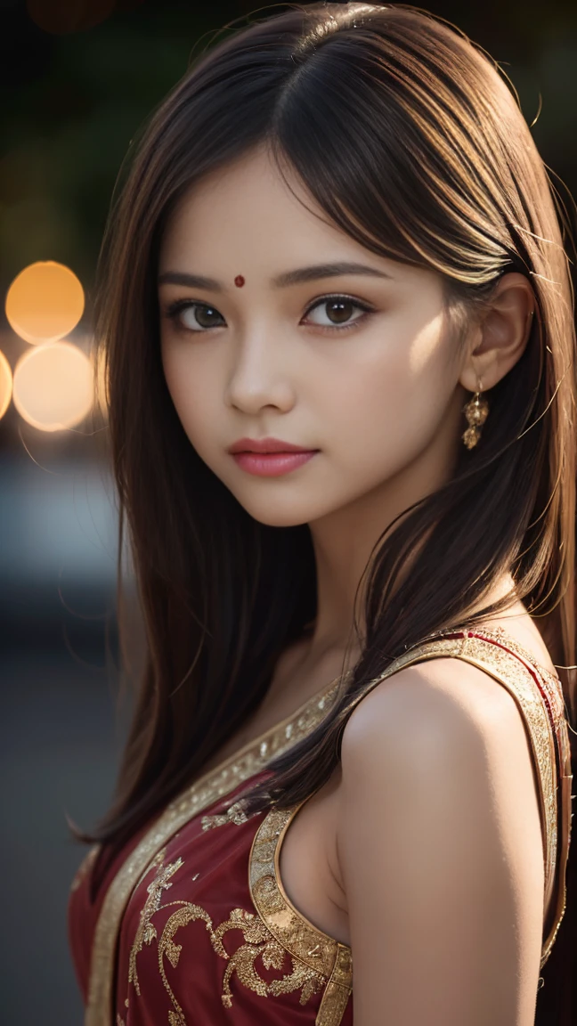 Indian teditional girl, Indian culture face , head center in bindi,(high resolution, 4k, 8k, ultra-detailed:1.2), (hyper-realistic, photorealistic:1.37), (illustrated), (detailed lighting), (extremely delicate and beautiful), ung girl, brown hair, brown eyes, model,(heavy big breasts), bare shoulders and chest, (best quality), ultra-detailed CG wallpaper in 8k, vibrant color, professional-grade, ((bokeh effect))), depth of field, twilight, sinking sunset, multiple color transparent lingerie wearing.