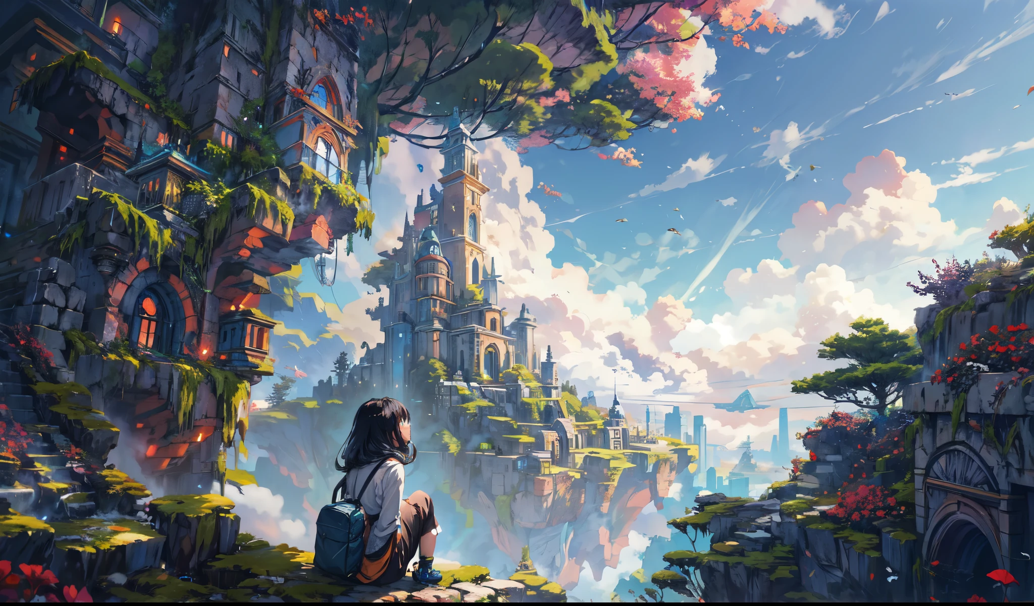 octane render,8K resolution concept art, realism,by Mappa studios,masterpiece,best quality,official art,illustration,ligne claire,(cool_color),perfect composition,absurdres, fantasy,focused,(in the air),(above the cloud:1.4),(finely detailed ancient lost_city:1.3),(lost_city towering above the clouds:1.2),epic,(focus_girl:1.2),(girl in city peak of Broken bridge), sitting on the verge of that bridge looking at the far horizons,rule of thirds,anime_face,fine-tuning face, detailed eyes,cute face,black hair, finely detailed fantasy traveler clothes,calm expression ,overhead_viewer,wind blow at viewer,fantastic plant,book,(Giant World Tree),motion,(depth_of_field), extension image, front view 