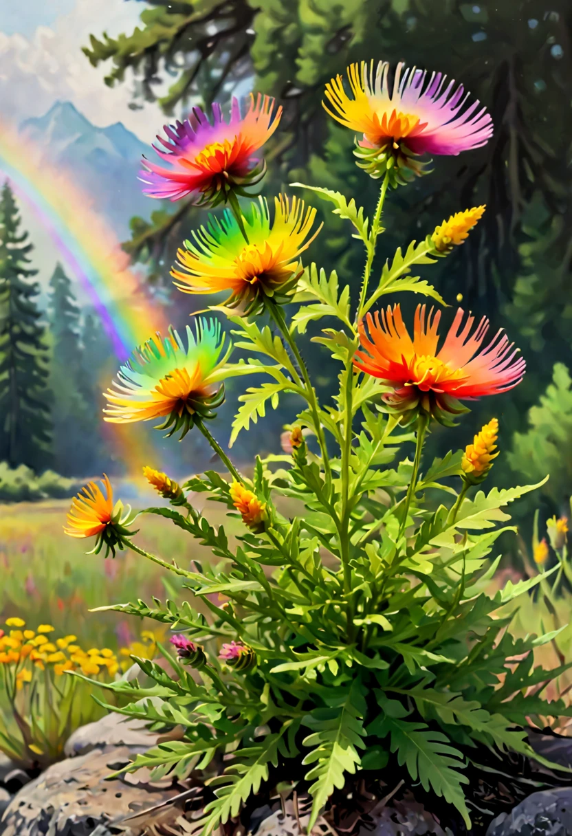 watercolor painting, by Bill Watterson, Featherweed flowers of rainbow color, (best quality, masterpiece, 8k)