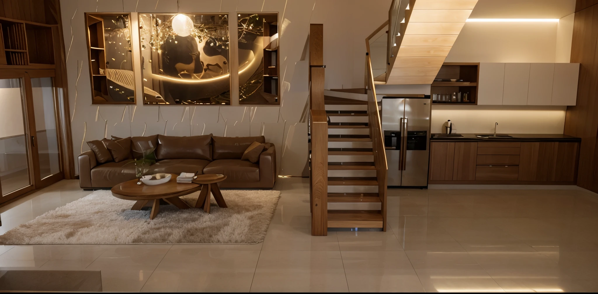 1 modern style living room, 1 i-shaped sofa set, uthful modern tea table, 1 kitchen shelf in white and oak color, with shimmering LED lights. daylight, surreal, super sharp photos