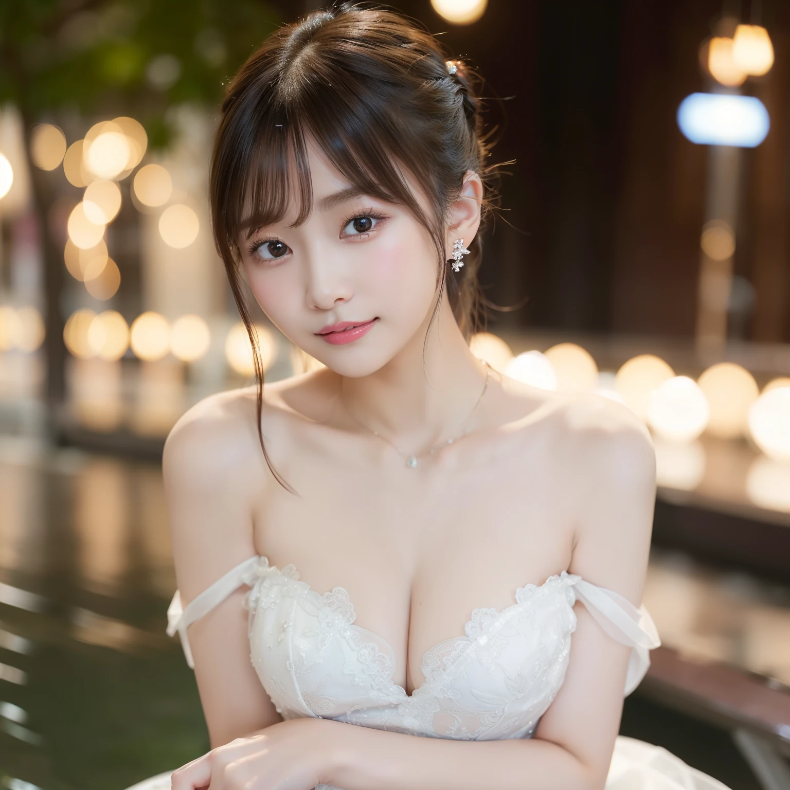 random posture、(very delicate and beautiful work)、(masterpiece)、one girl、Highly detailed and elegant((Wedding dress))、Tierra、very detailed、Warped ponytail、laughter、beautiful clear eyes、Green pupil、delicate necklace、Delicate earrings、Simple blurry background、Description of extreme details、beautiful feces、attractive、delicate face、delicate figure、beautiful breasts、thin clavicle、beautiful lips、mix 4、(8K、Raw photo、highest quality、masterpiece:1.2),1 girl,cute,cityscape, , Wet, professional lighting, Physically based rendering, Full body Esbian、the most beautiful in the world、Nogizaka Idol、korean idol、Gravure idol pose、actress、big breasts、full body photo、smile