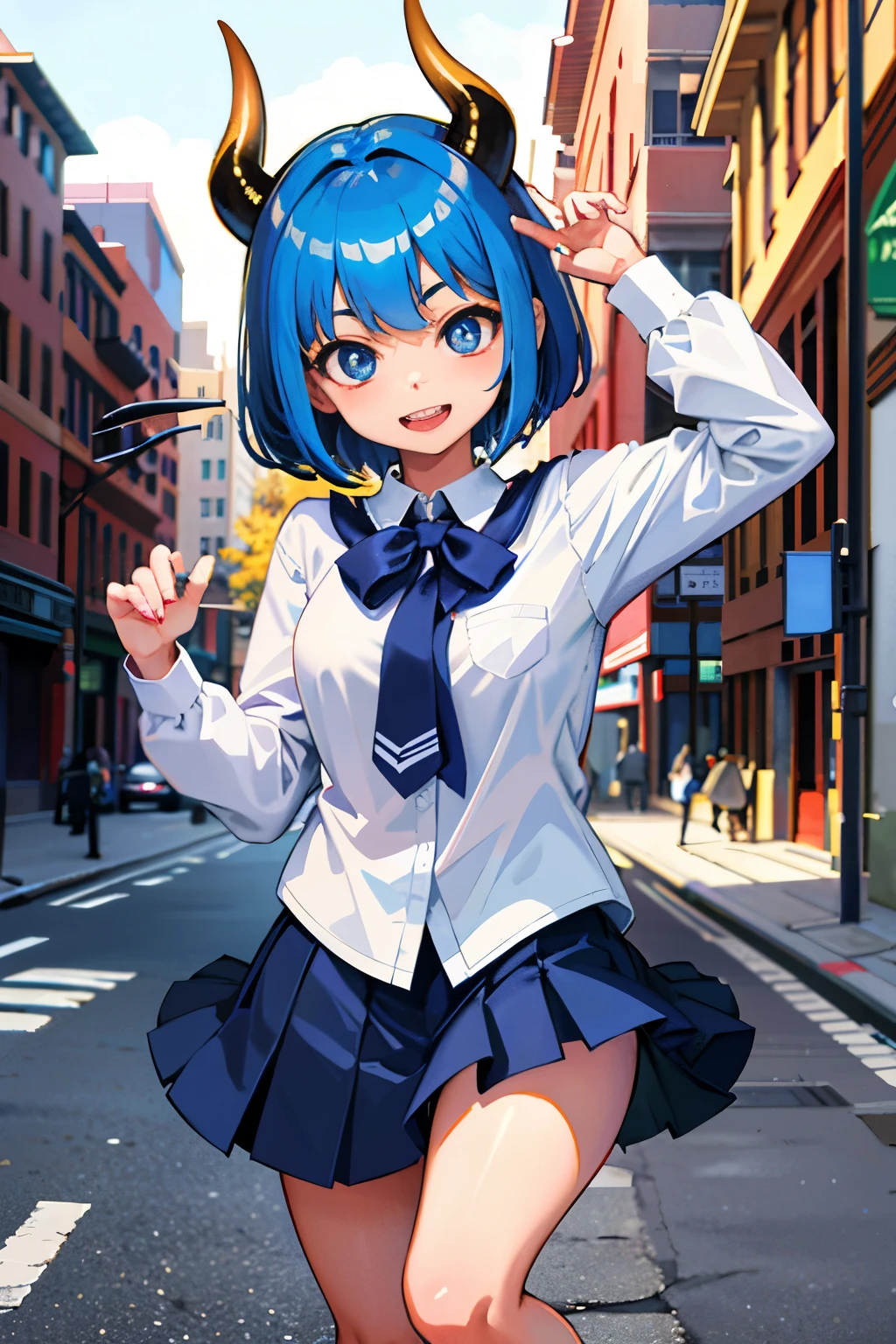 masterpiece、highest quality、4k、1 beautiful girl、demon high school girl、real、3D、whole body、high school girl uniform、Demon horn、short hair、blue hair、micro mini skirt、golden eyes、Big eyes、cute eyes、tooth、smile、building street、watercolor style、