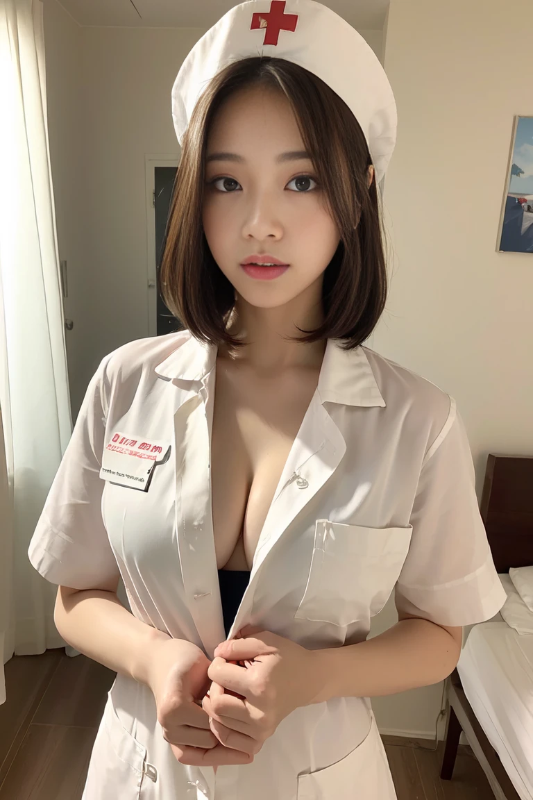 (Best quality, 8k, 32k, Masterpiece, UHD:1.2),Photo of Pretty Japanese woman, 1girl, (medium-short dark brown hair), (large breasts), double eyelid, White nurse uniform, small white nurse (cap), white shirt, open shirt, hospital, patient's room, upper body, sexy