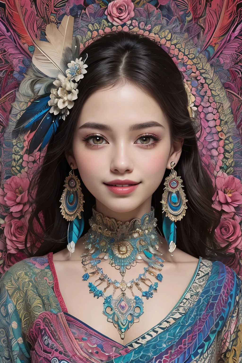 (masterpiece, top quality, best quality, official art, Beautiful and beautiful:1.2), (1 girl:1.3), smiling, Very detailed,(fractal art:1.1),(rich and colorful:1.1)(flowers:1.3),most detailed,(Zentangle:1.2), (abstract background:1.3), (shiny skin), (Many colors:1.4), ,(earrings), (feather:1.5),