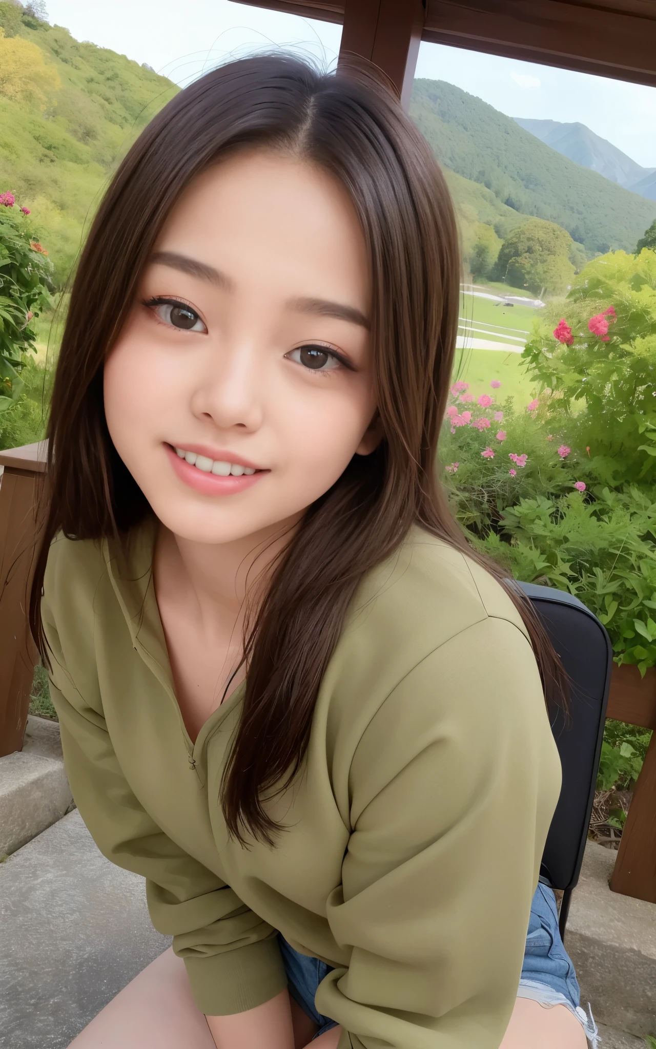 highest quality, figure, super detailed, finely, High resolution, 8k wallpaper, 完璧なダイナミックな構figure, beautiful skin, Big eyes that shine like jewels, (18 year old beautiful girl:1.6), natural color lip, random sexy poses, Chest middle, smile, Highly detailed face and skin texture, Detailed eyes, Double eyelid,leaking teeth and laughing, close-up, from side, Brown hair long hair, (khaki sweatshirt:1.2), beautiful scenery