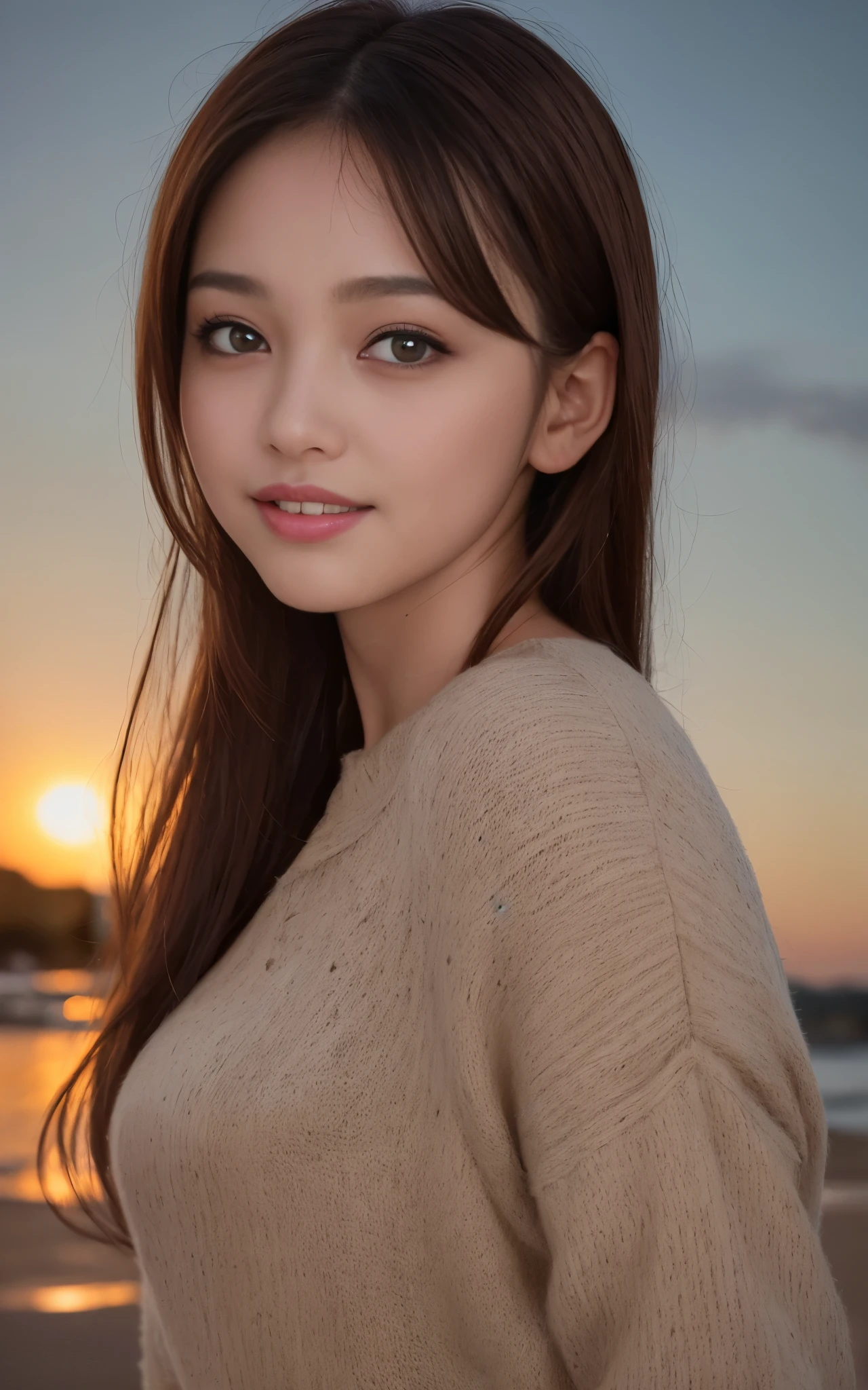 highest quality, figure, super detailed, finely, High resolution, 8k wallpaper, 完璧なダイナミックな構figure, beautiful skin, Big eyes that shine like jewels, (18 year old beautiful girl:1.6), natural color lip, random sexy poses, Chest middle, smile, Highly detailed face and skin texture, Detailed eyes, Double eyelid,leaking teeth and laughing, close-up, from side, Brown-haired shorthair, (brown sweater:1.1), sunset