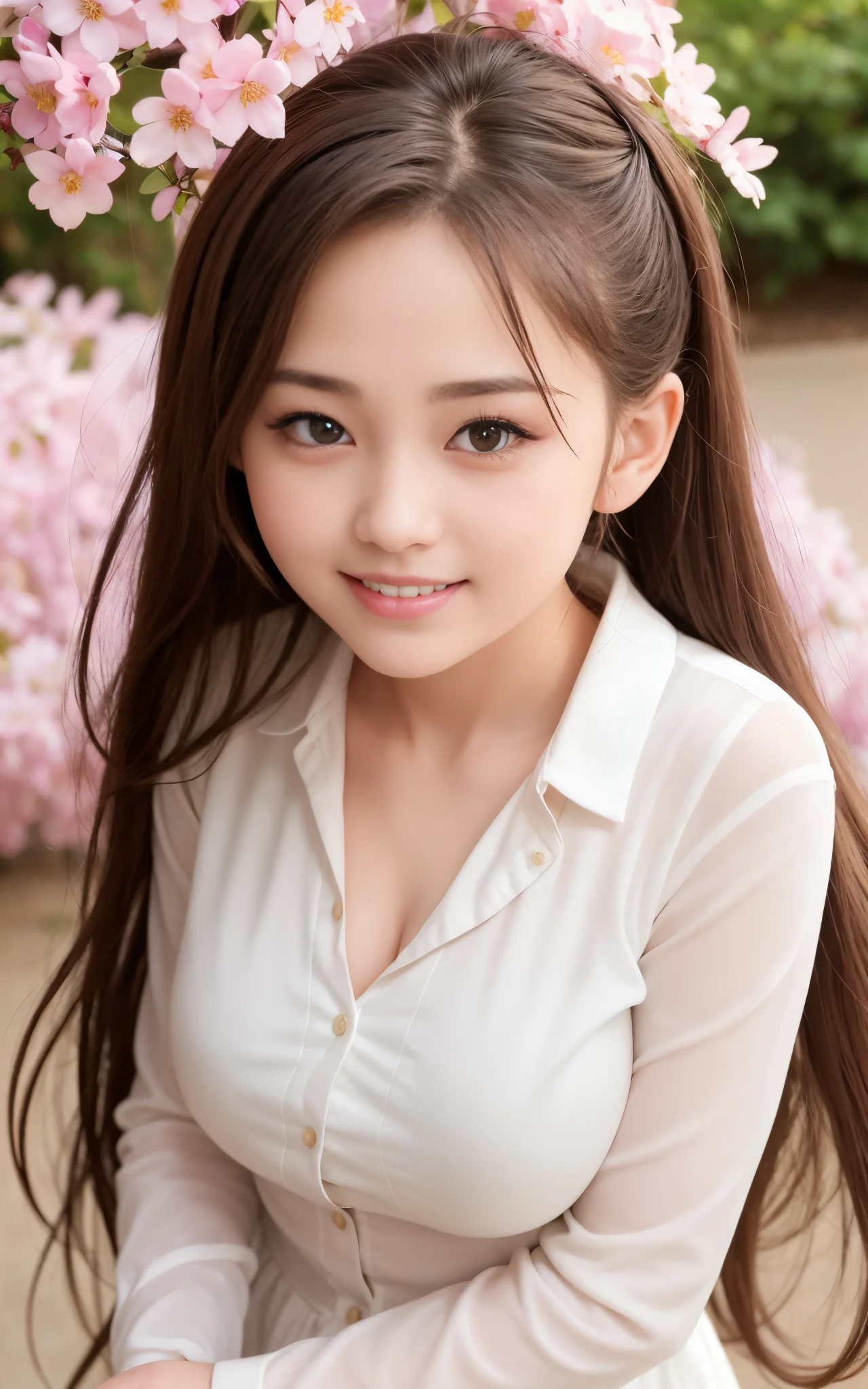 highest quality, figure, super detailed, finely, High resolution, 8k wallpaper, 完璧なダイナミックな構figure, beautiful skin, Big eyes that shine like jewels, (18 year old beautiful girl:1.6), natural color lip, random sexy poses, Chest middle, smile, Highly detailed face and skin texture, Detailed eyes, Double eyelid,leaking teeth and laughing, close-up, profile, Beige long hair, (white blouse:1.1), cherry blossoms