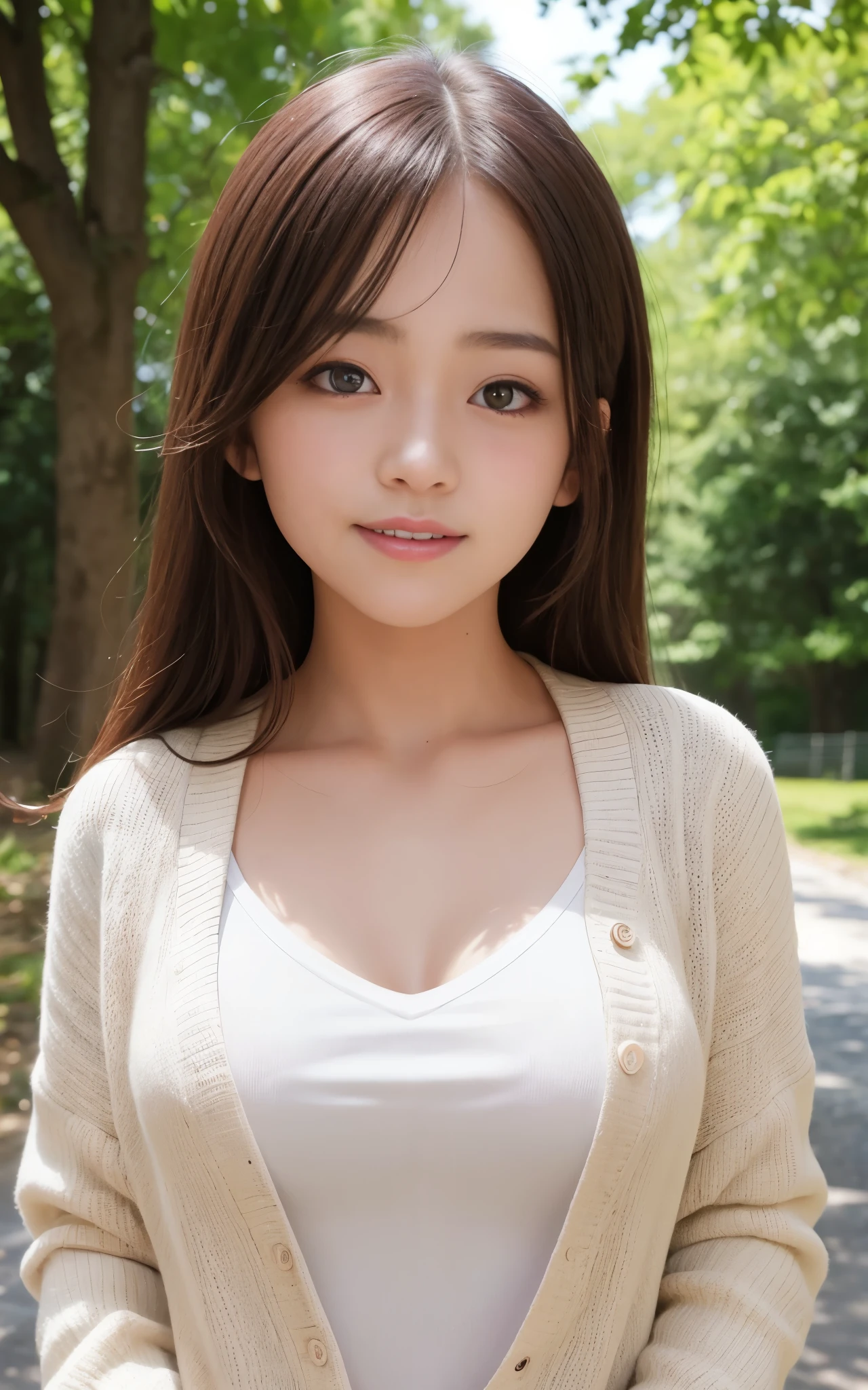 highest quality, figure, super detailed, finely, High resolution, 8k wallpaper, 完璧なダイナミックな構figure, beautiful skin, Big eyes that shine like jewels, (18 year old beautiful girl:1.6), natural color lip, random sexy poses, Chest middle, smile, Highly detailed face and skin texture, Detailed eyes, Double eyelid,leaking teeth and laughing, close-up, Brown hair medium hair, (White cardigan:1.1), tree-lined avenue