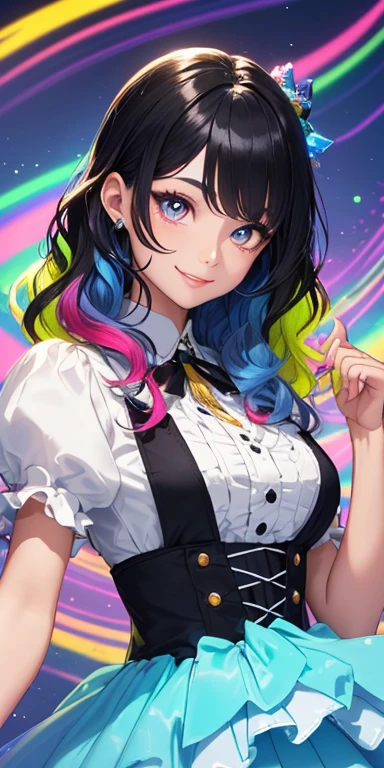 (black hair,colorful fluorescence multicolored hair:1.5,wavy hair:1.5), (masterpiece, sidelights, exquisite beautiful eyes: 1.5), masterpiece*portrait, realistic, ((Colorful background of different colors:1.5)),(Gentle face:1.5),colorful,3D face,(cute face),front view: 1.6、 (glowing red eyes:1.2),(tareme:1.5)、(cute smile:1.5),,Slim Body, shiny hair, shiny skin: 1.5、medium breasts,、solo,(stand)、(crinoline:1.5)、(charactor focus:1.5、portlate、eye focus,cowboy shot)、bright atmosphere,intricatedetails