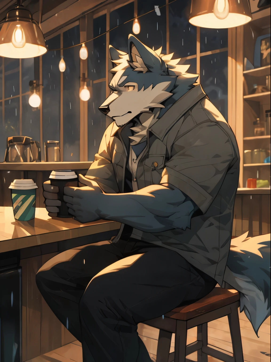 anthro wolf, furry, rain, armed,sad expression,white wolf,indoor,night, handsome, sitting,drink coffee,coffee shop, masterpiece, casual clothes, 8k, nj5furry