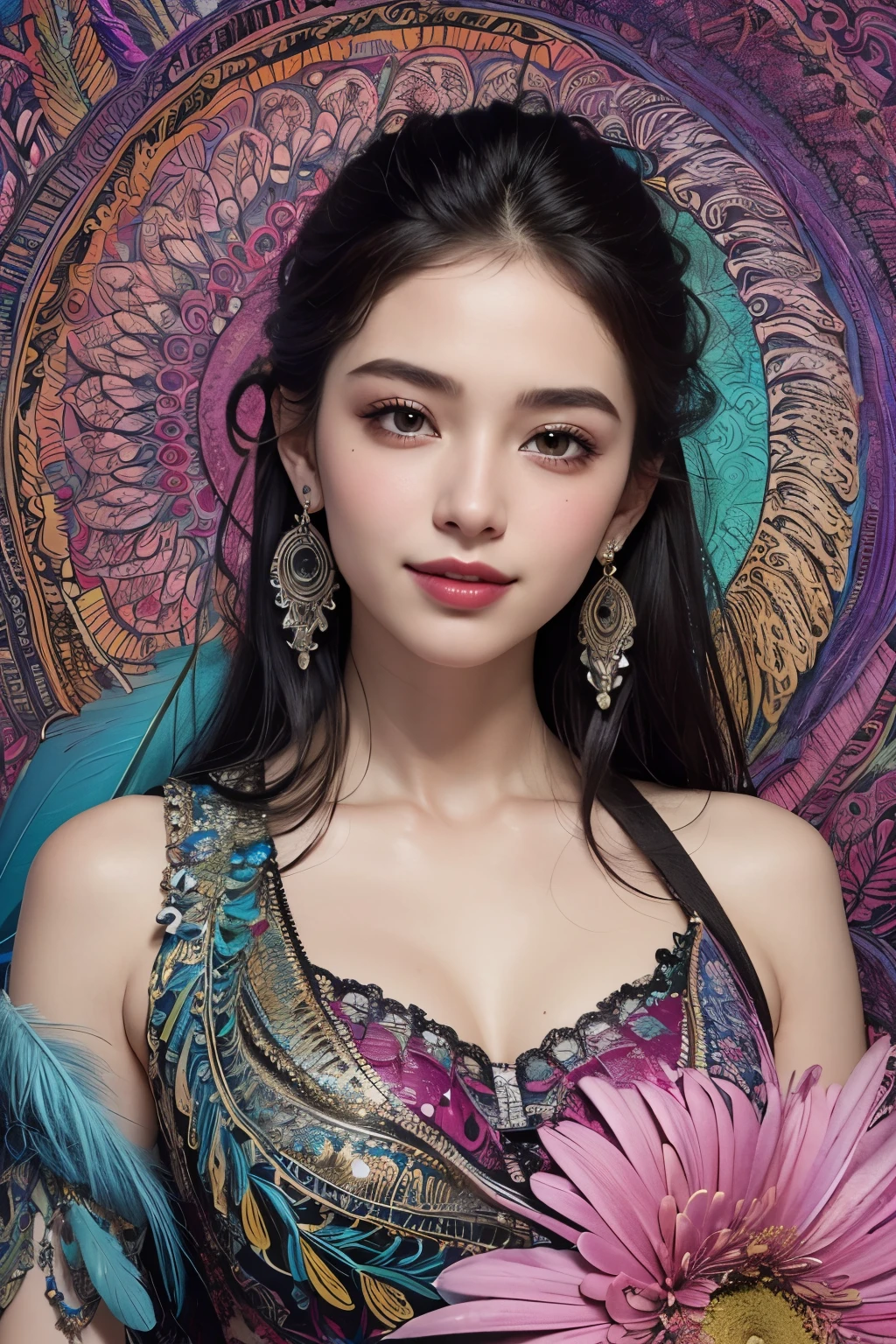 (masterpiece, top quality, best quality, official art, Beautiful and beautiful:1.2), (1 girl:1.3), smiling, Very detailed,(fractal art:1.1),(rich and colorful:1.1)(flowers:1.3),most detailed,(Zentangle:1.2), (abstract background:1.3), (shiny skin), (Many colors:1.4), ,(earrings), (feather:1.5),