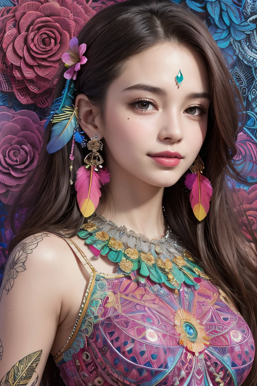 (masterpiece, top quality, best quality, official art, Beautiful and beautiful:1.2), (1 girl:1.3), smiling, Very detailed,(fractal art:1.1),(rich and colorful:1.1)(flowers:1.3),most detailed,(Zentangle:1.2), (abstract background:1.3), (shiny skin), (Many colors:1.4), ,(earrings), (feather:1.5),