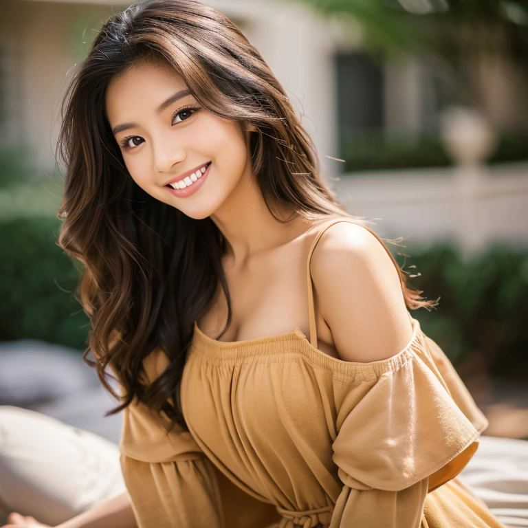 Masterpiece, malay babe, 23yo, professional model, portrait, blur background, white dress, long messy morning hair, off shoulder, dark highlighted wavy hair, soft light, professional light, great smile, hazel eyes,(( casual home wear)), morning bed, ((oversized shirt)), looking straight to audience, large sized breast, shy pose, ((brown shirt)), solo, 8K quality, hi-resolution, midshot, waist shot