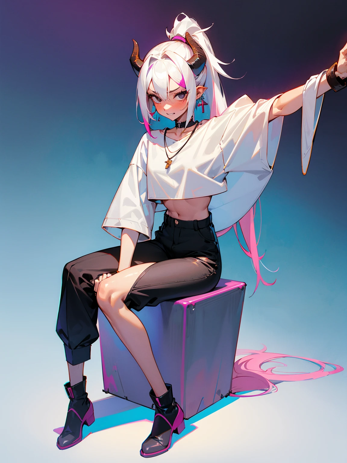 long straight dark White hair, Perfect face, Horns, Choker, earrings, Tall, ((Pubic Hair)), Pale Skin, 1 Girl, High Quality, Necklace, ((Large Monster Tail)), Medium Tits, ((Blushing)), Masterpiece, Mature, Bangs, Ponytail, Vibrant Colors, ((Cargo pants)), ((slender body)), ((Skinny)), Pants, Pretty Eyes, Selfie, Fangs, Teeth, Navel, Black Eyes, ((Mixed Hair Color)), Frosted Hair Tips, Slightly Tanned Skin, Wide Hips, Long Crop Top, Sexy, Cute, Sitting Down, ((Knees Spread Wide)), Feet Crossed, Wide View, Full body, Colorful Background, Vibrant Background, Front View, Legs Spread, Looking to the side, Looking away from viewer, Legs Wide,