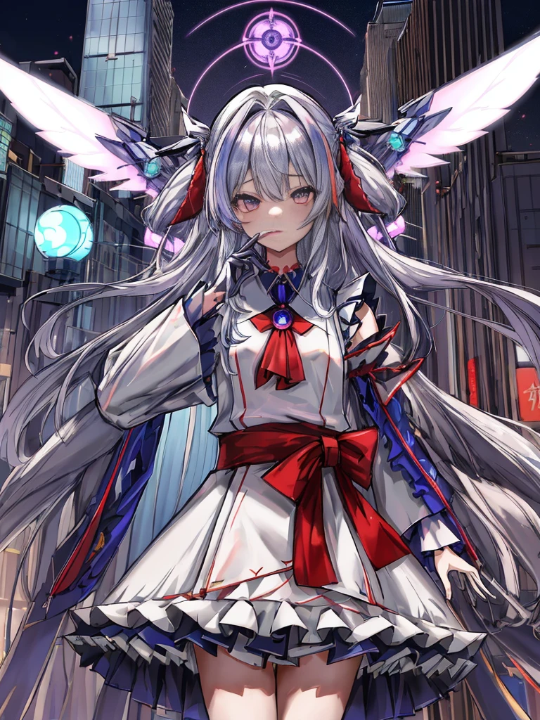 highest quality、very詳細な、masterpiece、super detailed、enlightenment、((1 girl))、silver hair、hair length、floating hair、、cyber city、Neon building、(Upper body:1.05)、very_be familiar with_eye_and_face,cybernetic wings mechanical wings、random posture、Skyscraper、、Mechumusume、shrine maiden costume,Maid clothes、random angle、anime style,cowboy shot