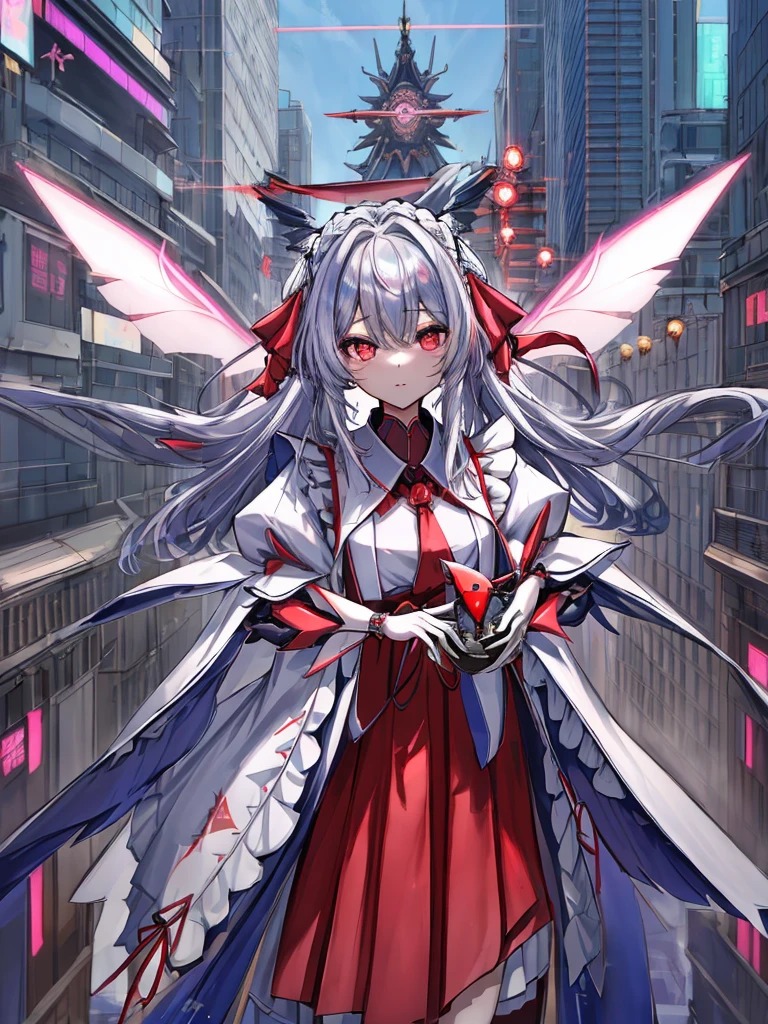 highest quality、very詳細な、masterpiece、super detailed、enlightenment、((1 girl))、silver hair、hair length、floating hair、、cyber city、Neon building、(Upper body:1.05)、very_be familiar with_eye_and_face,cybernetic wings mechanical wings、random posture、Skyscraper、、Mechumusume、shrine maiden costume,Maid clothes、random angle、anime style,cowboy shot