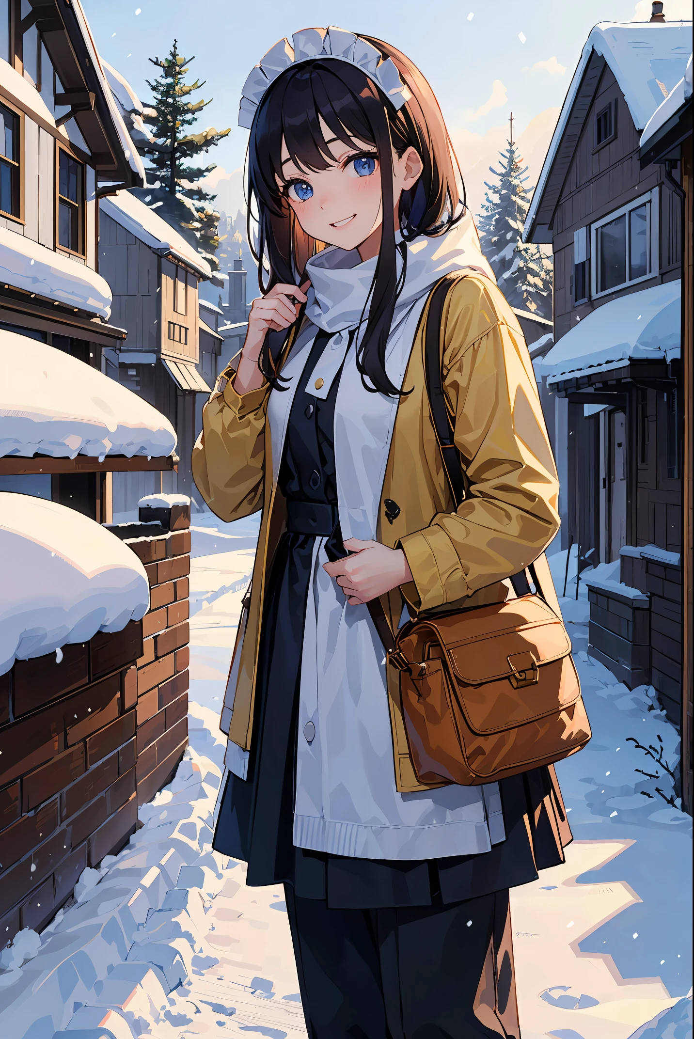 "In this cold weather design, a cute girl in heavy clothing is smiling in the snow. The background is snowy pine trees and old-fashioned houses, creating a warm winter atmosphere."(best quality: 1.2), (solo: 1.3), (1 girl,: 1.3), panic, maid clothes, luxurious palace, chandelier