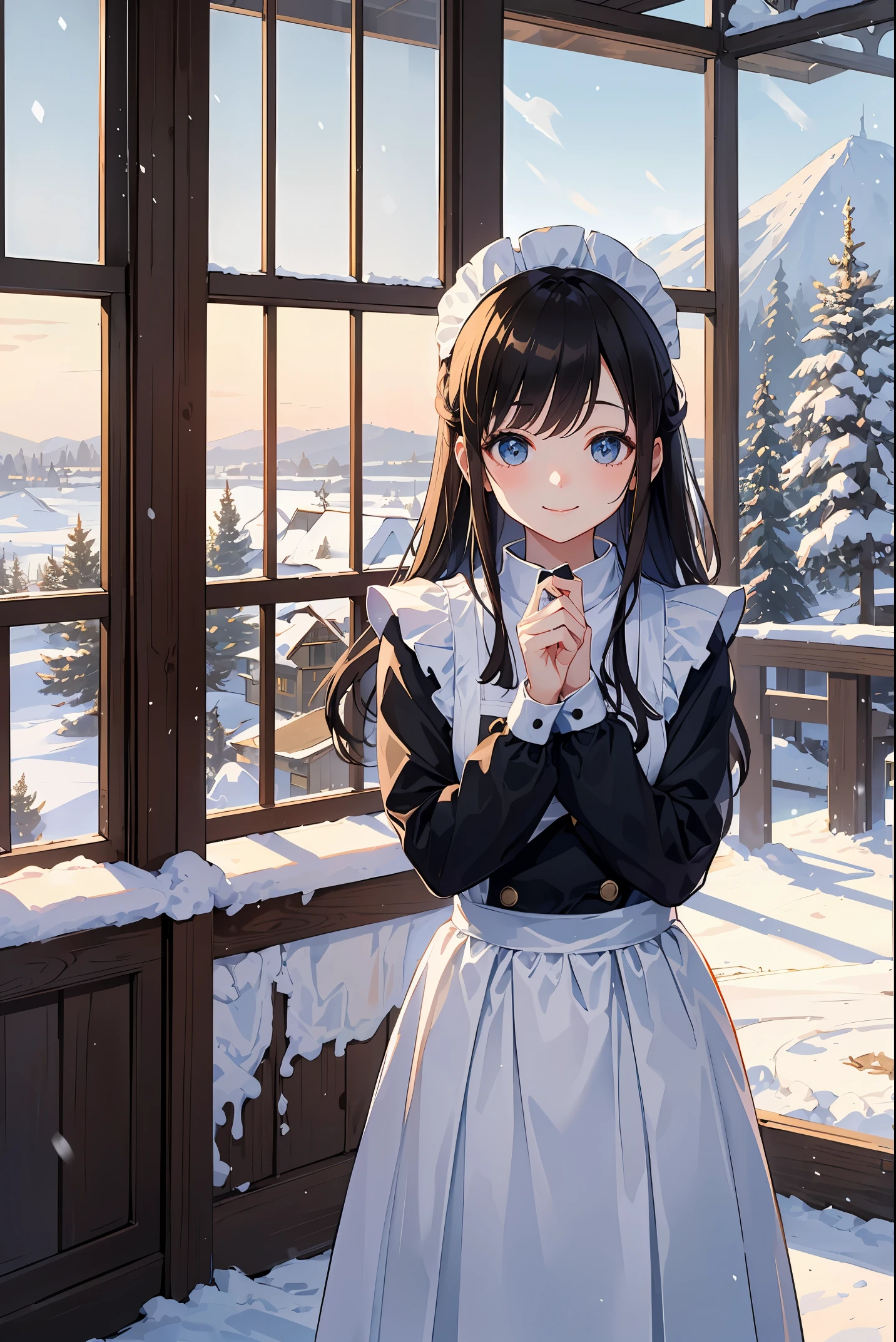 "In this cold weather design, a cute girl in heavy clothing is smiling in the snow. The background is snowy pine trees and old-fashioned houses, creating a warm winter atmosphere."(best quality: 1.2), (solo: 1.3), (1 girl,: 1.3), panic, maid clothes, luxurious palace, chandelier