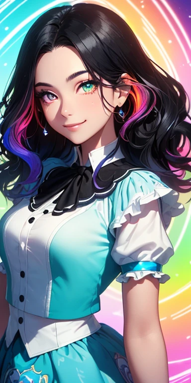 (black hair,colorful fluorescence multicolored  hair:1.5,wavy hair:1.5), (masterpiece, sidelights, exquisite beautiful eyes: 1.5), masterpiece*portrait, realistic, ((Colorful background of different colors:1.5)),(Gentle face:1.5),colorful,3D face,(cute face),front view: 1.6、 (glowing red eyes:1.2),(tareme:1.5)、(cute smile:1.5),,Slim Body, shiny hair, shiny skin: 1.5、medium breasts,、solo,(stand)、(crinoline:1.5)、(charactor focus:1.5、portlate、eye focus,cowboy shot)、bright atmosphere,intricatedetails