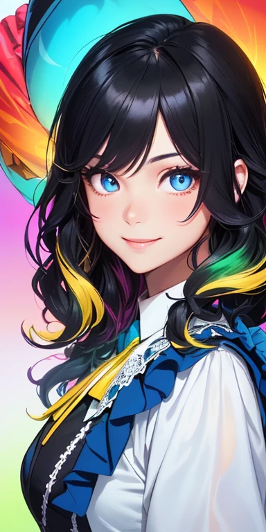 (black hair,colorful fluorescence multicolored  hair:1.5,wavy hair:1.5), (masterpiece, sidelights, exquisite beautiful eyes: 1.5), masterpiece*portrait, realistic, ((Colorful background of different colors:1.5)),(Gentle face:1.5),colorful,3D face,(cute face),front view: 1.6、 (glowing red eyes:1.2),(tareme:1.5)、(cute smile:1.5),,Slim Body, shiny hair, shiny skin: 1.5、medium breasts,、solo,(stand)、(crinoline:1.5)、(charactor focus:1.5、portlate、eye focus,cowboy shot)、bright atmosphere,intricatedetails