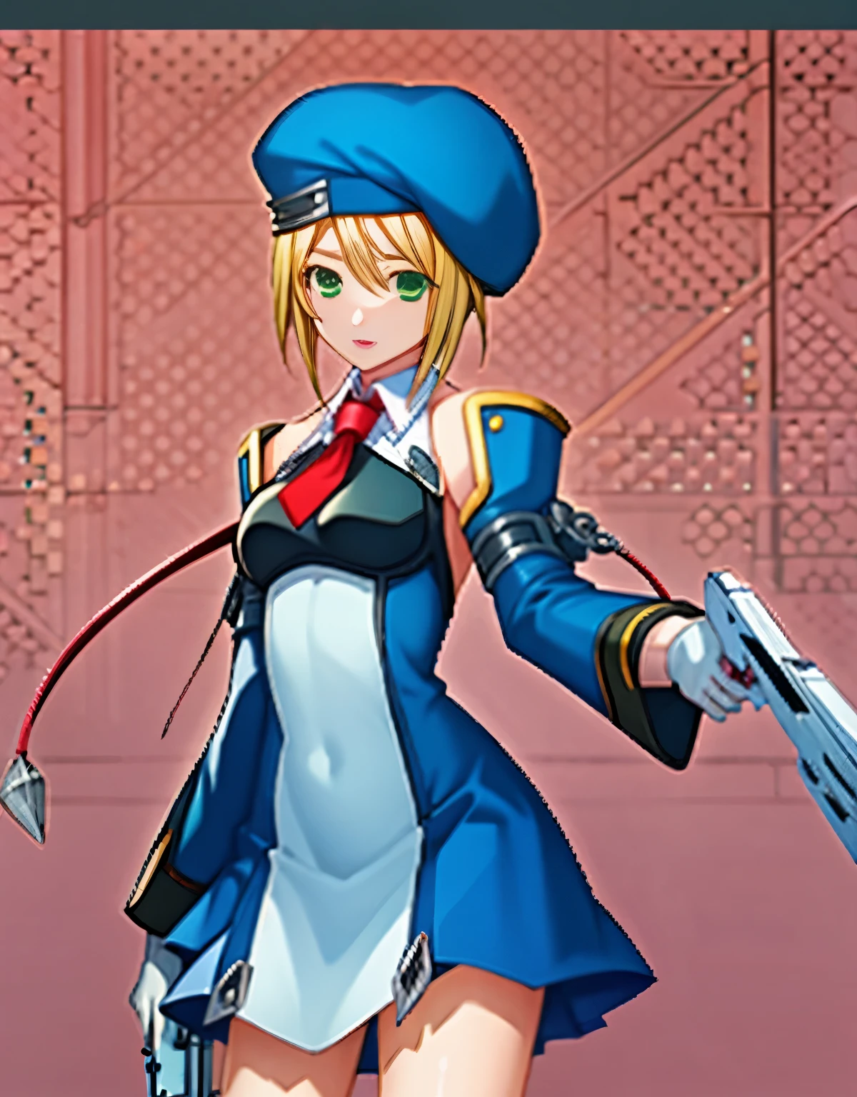 (symmetrical, High resolution, disorganized, novel illustration, promotional art, game CG, exceptional, best aesthetics, highest quality, masterpiece, very detailed, center frame:1.0), holding a gun, hand gun, Er Dao Liu, Noel Vermillion, alone, green eyes, blonde hair, short hair, beret, collared dress, removed sleeve, white gloves, ((overview)), ((Polka dot background))  Handjob