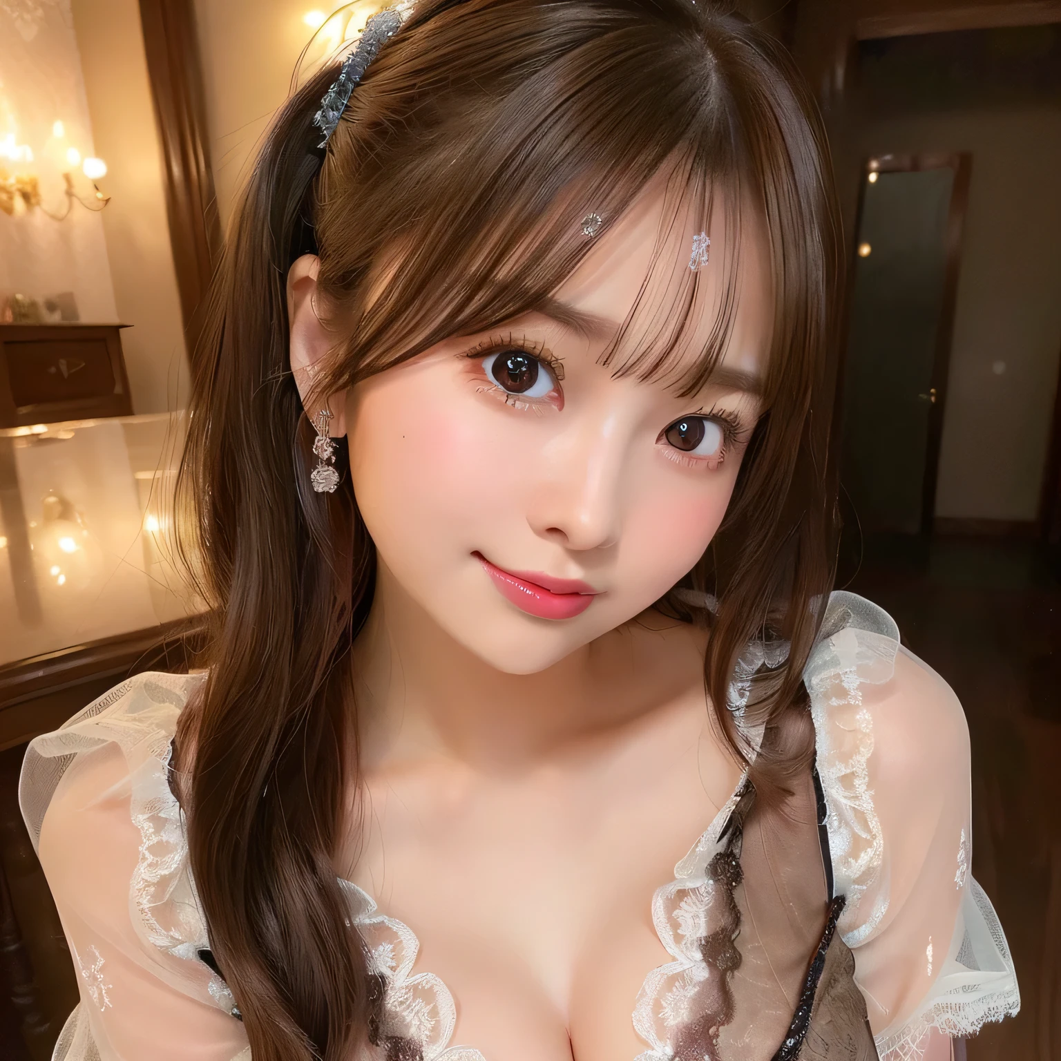 smile、night、RAW photo、(((ultimate beauty portrait)))、((glowing skin))、1 girl、-yeld beiful girl in Prague、bright look、((brown hair))、(cleavage)、(Front Open See-Through Lace Night Dress:1.5)、(top and bottom set underwear)、((Big eyes that shine like jewels))、Glossy, glowing skin、(medium hair)、(silky ponytail hair)、eyeliner、beautiful bangs、hair between eyes、((masterpiece、最high quality、Super detailed、film light、intricate details、High resolution、very detailed))、detailed background、8KUHD、Digital single-lens reflex camera、soft light、high quality、film grain、Fujifilm XT3 、shallow depth of field、natural soft light、Kamimei、rich bust