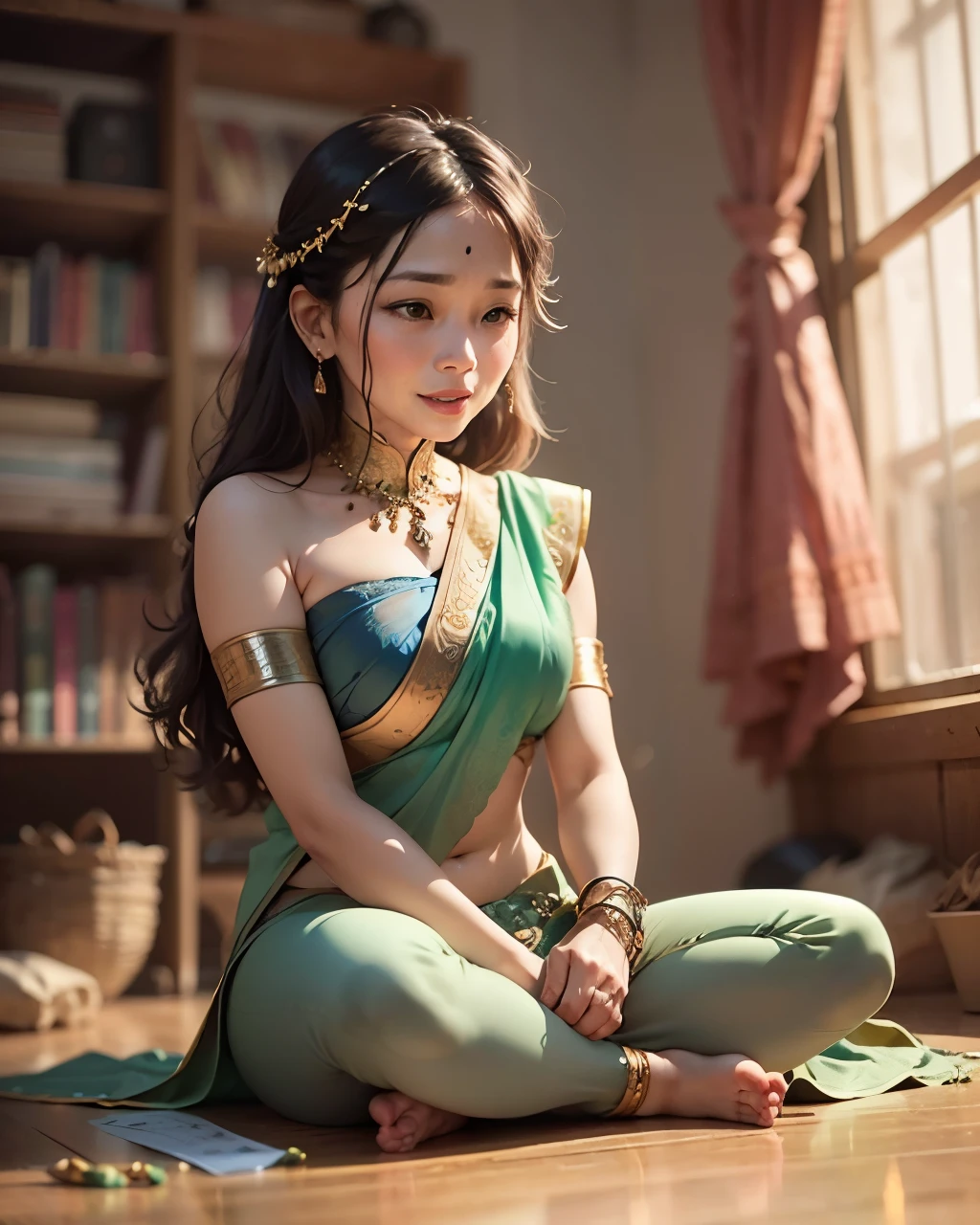 40 year old Thailand grandmother wearing green colour saree, sitting on the floor in big leaving room. smile face, two 6 year old children and grandmother hearing story on smart speaker r, children is very happy to hear story, natural image, real image, 4K HD image, cinematic grading, 40 : 26 image ratio - Variations  - --auto --s2