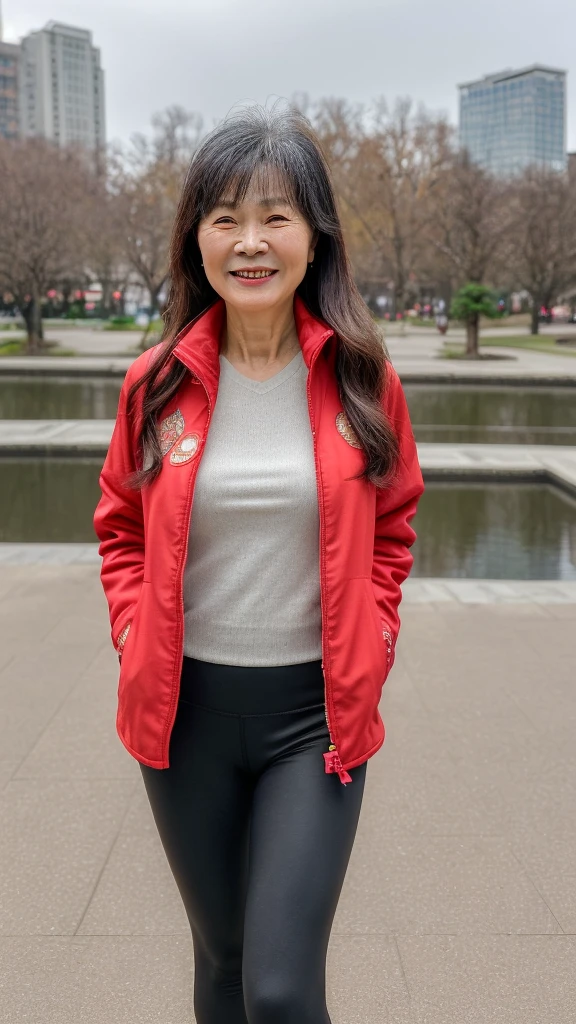 smiling woman with a red jacket and leggings with boots, this person does not exist, 60 year old asian woman, chinese, vietnamese, standing in a city park, short in height, lei min-song nan li-yun ling-xiang duan-li zhang merged, entire body visible, full body, hyperrealistic, best quality, 8K, real human skin, masterpiece, extremely intricate, medium closeup, detailed eyes, detailed face, detailed body, exaggerated features, pronounced features