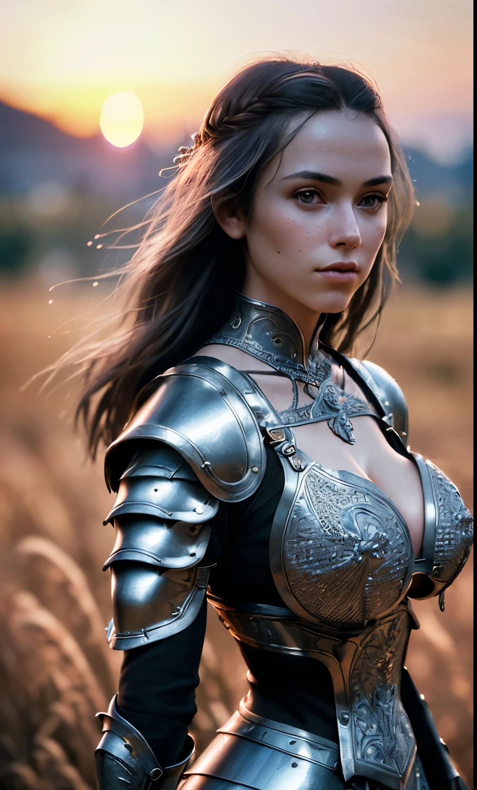 (masterpiece), (extremely intricate:1.3), (realistic), portrait of a girl, the most beautiful in the world, (medieval armor), metal reflections, upper body, outdoors, intense sunlight, far away castle, professional photograph of a stunning woman detailed, sharp focus, dramatic, award winning, cinematic lighting, octane render unreal engine, volumetrics dtx, (film grain, blurry background, blurry foreground, bokeh, depth of field, sunset, motion blur:1.3), chainmail,with very big breast