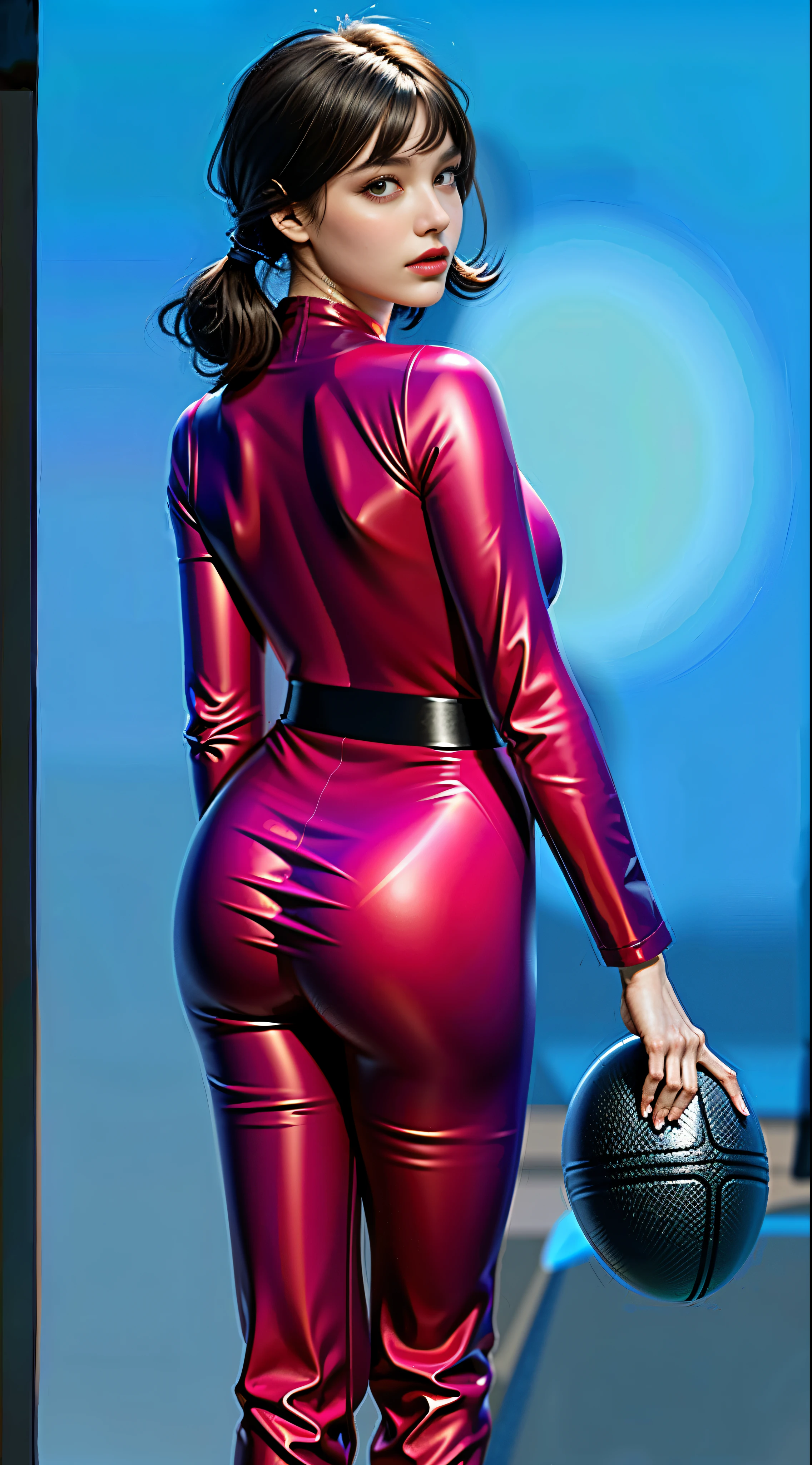 araffe in a red glossy outfit holding a basketball, futuristic glossy latex suit, wearing tight suit, catsuit, skintight suits, back view. red body suit, in spandex suit, glossy hair, pigtails and bangs hairstyle, pigtails, glossy hair, 4k, high resolution, rim light, realistic, young angry woman, promo shot,  4k, realistic, rim light, high resolution, shiny hair with pigtails and bangs, Her outfit shines under the spotlight. Her hair impeccably styled, with a glossy finish that adds to her charm. The subtle rim light highlights the contours of her figure, adding depth and dimension to the composition. This artwork combines the elements of a wednesday addams, glossy costume, beautiful hair, high-resolution image, realistic rendering, dark background, and rim light.