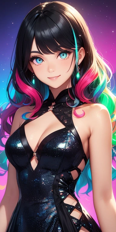 (black hair,colorful fluorescence multicolored hair:1.5,wavy hair:1.5), (masterpiece, sidelights, exquisite beautiful eyes: 1.5), masterpiece*portrait, realistic, ((Colorful background of different colors:1.5)),(Gentle face:1.5),colorful,3D face,(cute face),front view: 1.6、 (glowing red eyes:1.2),(tareme:1.5)、(cute smile:1.5),,Slim Body, shiny hair, shiny skin: 1.5、medium breasts,、solo,(stand)、(half dress:1.5)、(charactor focus:1.5、portlate、eye focus,cowboy shot)、bright atmosphere,intricatedetails