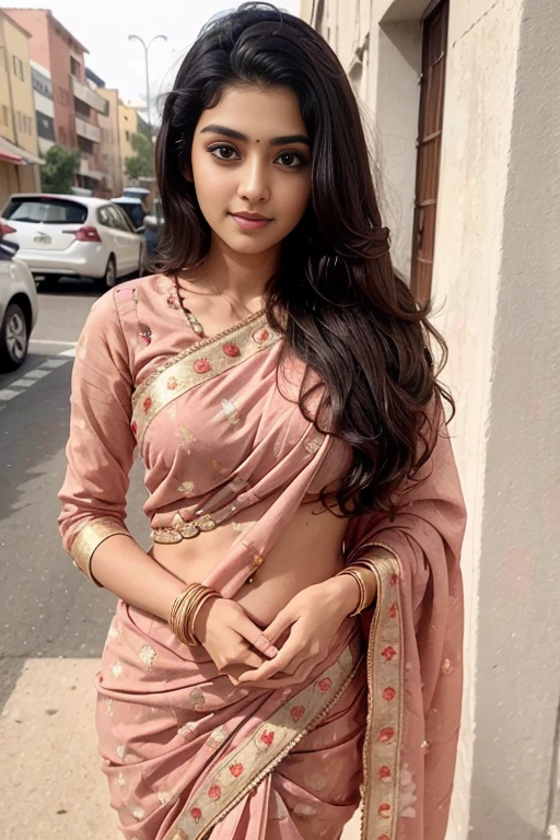 lovely cute young attractive indian girl, brown eyes, gorgeous actress, 23 years old, cute, an Instagram model, long blonde_hair, colorful hair, winter , Indian, wearing saree and blouse