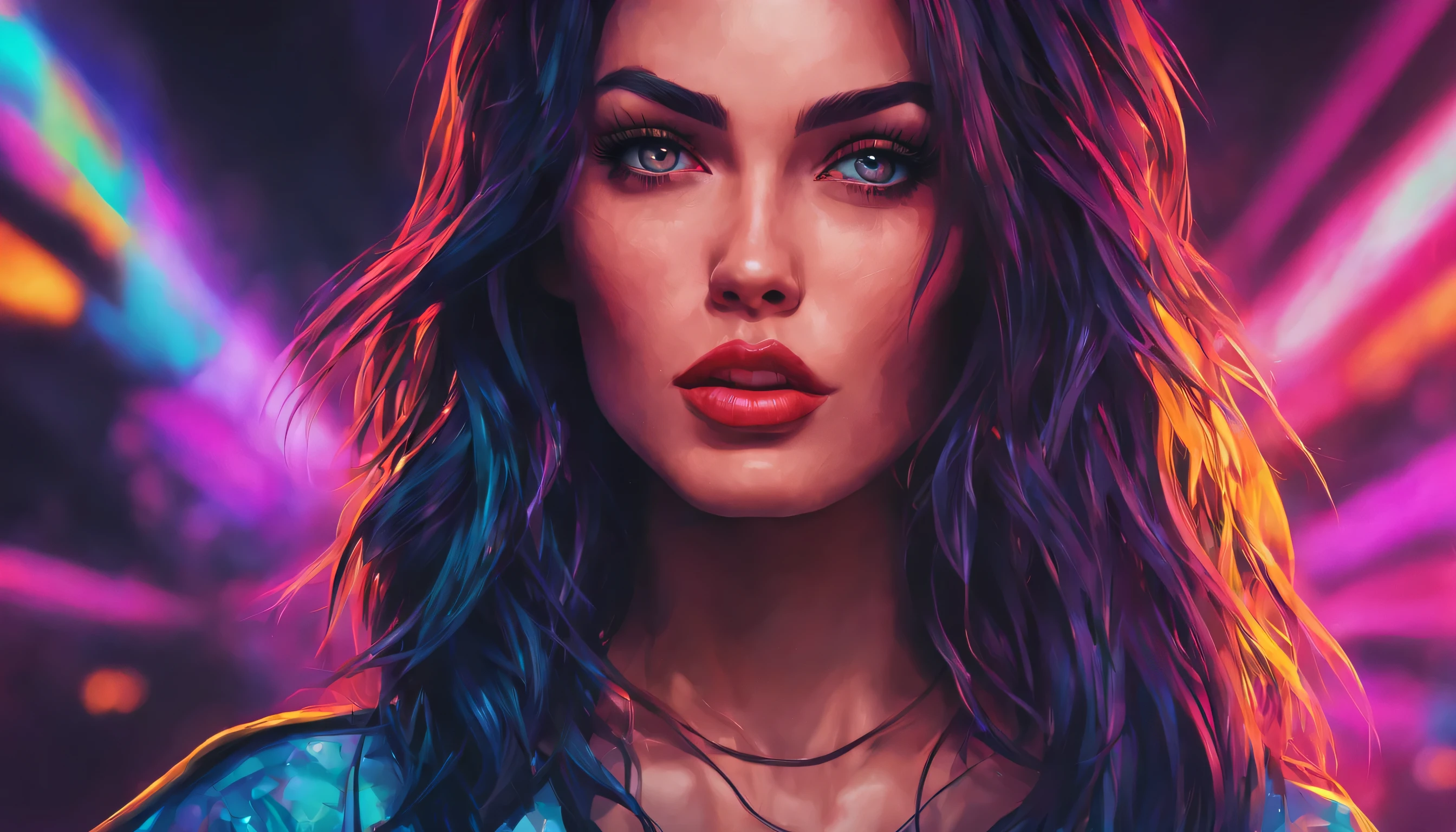 (Megan Fox lookalike, retrato de pixel art, 16-bit aesthetic, Moda Cyberpunk, cores neon vibrantes, estilo arcade retro-futurista, Inspirado no Synthwave, Textura da tela CRT, cosmic background, explosion effects), gradientes radiais, 8-bit cosmic landscape, Arte inspirada na Nintendo, Estilo SNES, HDR, Ultra HD, ((Lente 800mm, volumetric lighting, moody ambient lighting, Octane rendering, sharp details, textura de pele realista, paleta de cores vivas)), efeitos de falha, vaporwave aesthetics