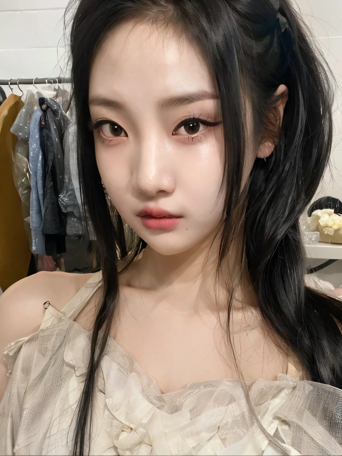 arafed woman with long black hair and a white dress, jinyoung shin, wan adorable korean face, ulzzang, young cute wan asian face, shikamimi, blackpink jennie, yanjun chengt, jaeyeon nam, ugly look, clear cute face, portrait of jossi of blackpink, asian face, pale round face, glossy from rain, xision wu