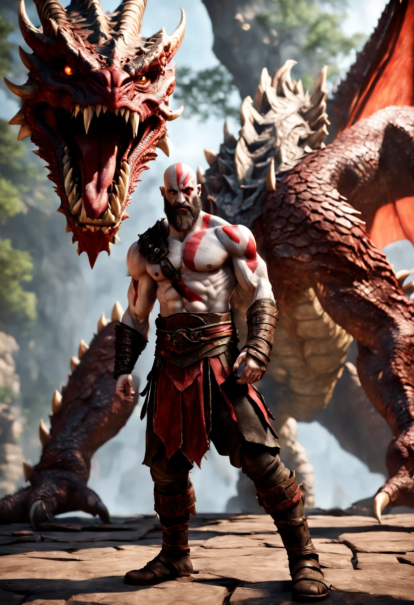 A hyperrealistic Kratos, Standing in front of a giant muscular Dragon ready to fight it. (FRONT ANGLE), ray tracing, Bokeh