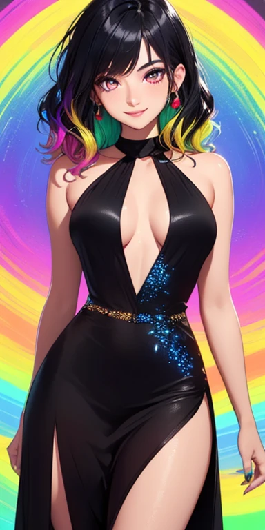 (black hair,colorful fluorescence multicolored hair:1.5,wavy hair:1.5), (masterpiece, sidelights, exquisite beautiful eyes: 1.5), masterpiece*portrait, realistic, ((Colorful background of different colors:1.5)),(Gentle face:1.5),colorful,3D face,(cute face),front view: 1.6、 (glowing red eyes:1.2),(tareme:1.5)、(cute smile:1.5),,Slim Body, shiny hair, shiny skin: 1.5、medium breasts,、solo,(stand)、(halter dress:1.5)、(charactor focus:1.5、portlate、eye focus,cowboy shot)、bright atmosphere,intricatedetails