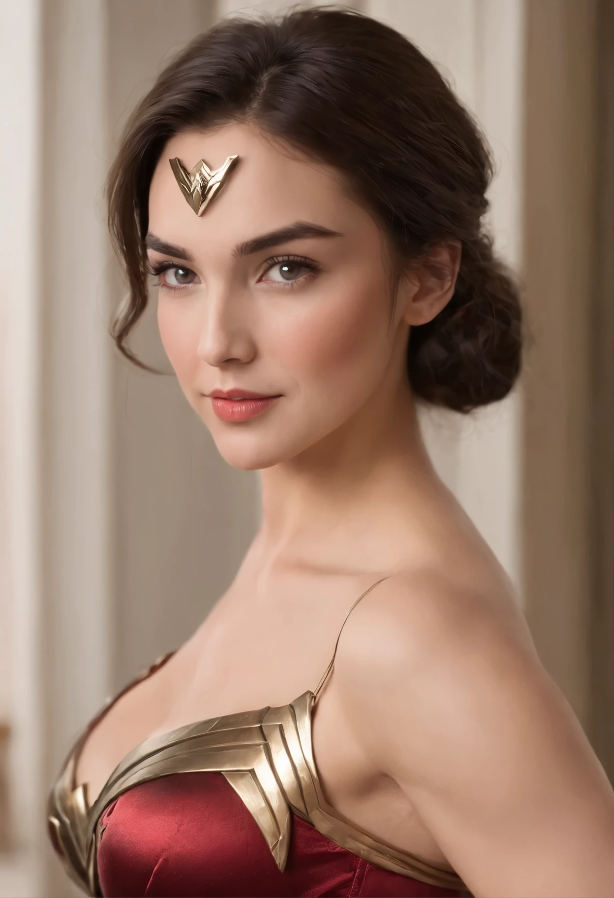 (wonder woman clothing),Stick together,Cuddle together,Grab your chest from behind,scowling,((Short hair in layers)),Coiled hair,hair-bun,Bangs on both sides,(A half body,Close-up),Skinny and small,beautidful eyes,Super detailed face,Beautiful woman,Tight and thin waist,Celebrity,Raised sexy,(inside in room,Couples hotel,Cover your breasts with your hands,Place your hands on the breasts on your clothes,Pinch your breasts through your clothes,Grab the breast through the clothes,Squeezing the breasts through clothing),Sharpen,Front light,twincest