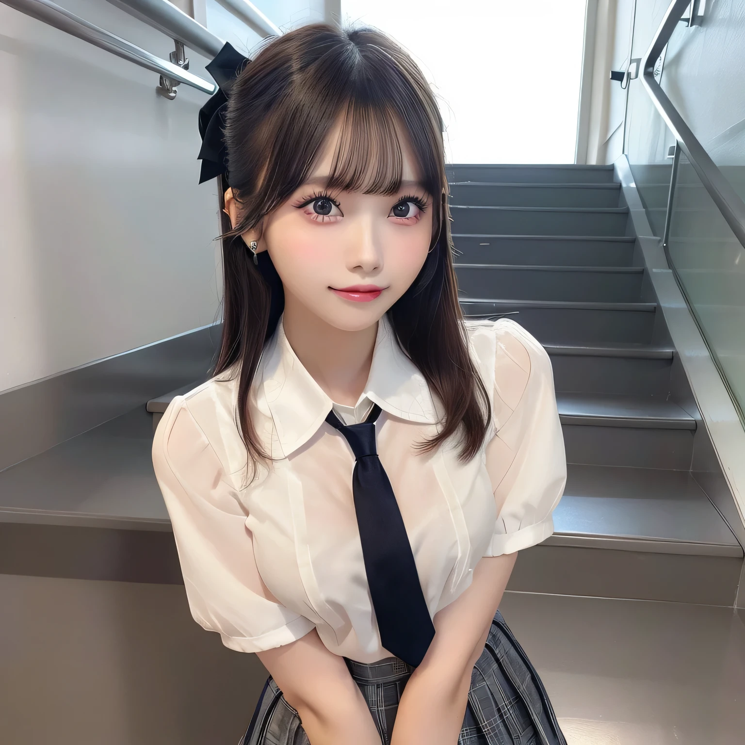 (This is a very delicate and beautiful work.)、(masterpiece)、one girl、gray eyes, korean school uniform, summer clothes shirt, ribbon tie, skirt, bright blonde, school stairs, going down school stairs, Chest Thrusting Pose, Pose to show your chest, 8K RAW photo, High resolution, Cool Korean at 16 years old, very big round breasts, Beautiful eyes in detail, long eyelashes, beautiful double eyelids, eye shadow, eyeliner, narrow eyes, elongated eye shape, three white eyes, evil smile, evil look, beautiful very thin legs, beautiful very thin thighs, random medium hair, hair tied at the back of the head, earrings,Nogizaka、white panties