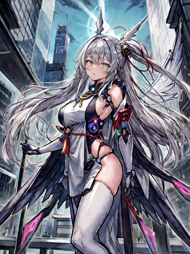 highest quality、very詳細な、masterpiece、super detailed、enlightenment、((1 girl))、silver hair、hair length、floating hair、、cyber city、Neon building、(Upper body:1.05)、very_be familiar with_eye_and_face,cybernetic wings mechanical wings、random posture、Skyscraper、、Mechumusume、shrine maiden costume,Maid clothes、random angle、anime style,cowboy shot