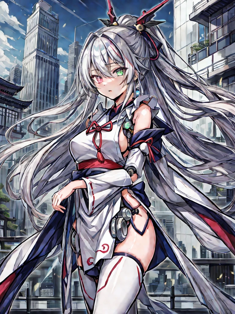 highest quality、very詳細な、masterpiece、super detailed、enlightenment、((1 girl))、silver hair、hair length、floating hair、、cyber city、Neon building、(Upper body:1.05)、very_be familiar with_eye_and_face,cybernetic wings mechanical wings、random posture、Skyscraper、、Mechumusume、shrine maiden costume,Maid clothes、random angle、anime style,cowboy shot