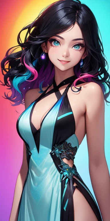 (black hair,colorful fluorescence multicolored hair:1.5,wavy hair:1.5), (masterpiece, sidelights, exquisite beautiful eyes: 1.5), masterpiece*portrait, realistic, ((Colorful background of different colors:1.5)),(Gentle face:1.5),colorful,3D face,(cute face),front view: 1.6、 (glowing red eyes:1.2),(tareme:1.5)、(cute smile:1.5),,Slim Body, shiny hair, shiny skin: 1.5、medium breasts,、solo,(stand)、(halter dress:1.5)、(charactor focus:1.5、portlate、eye focus,cowboy shot)、bright atmosphere,intricatedetails