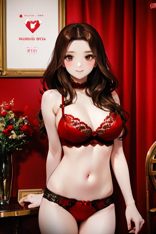 Brown hair, Brown eyes,large , red lingerie, red underwear, red bra, sexy, le, a hotel bedroom