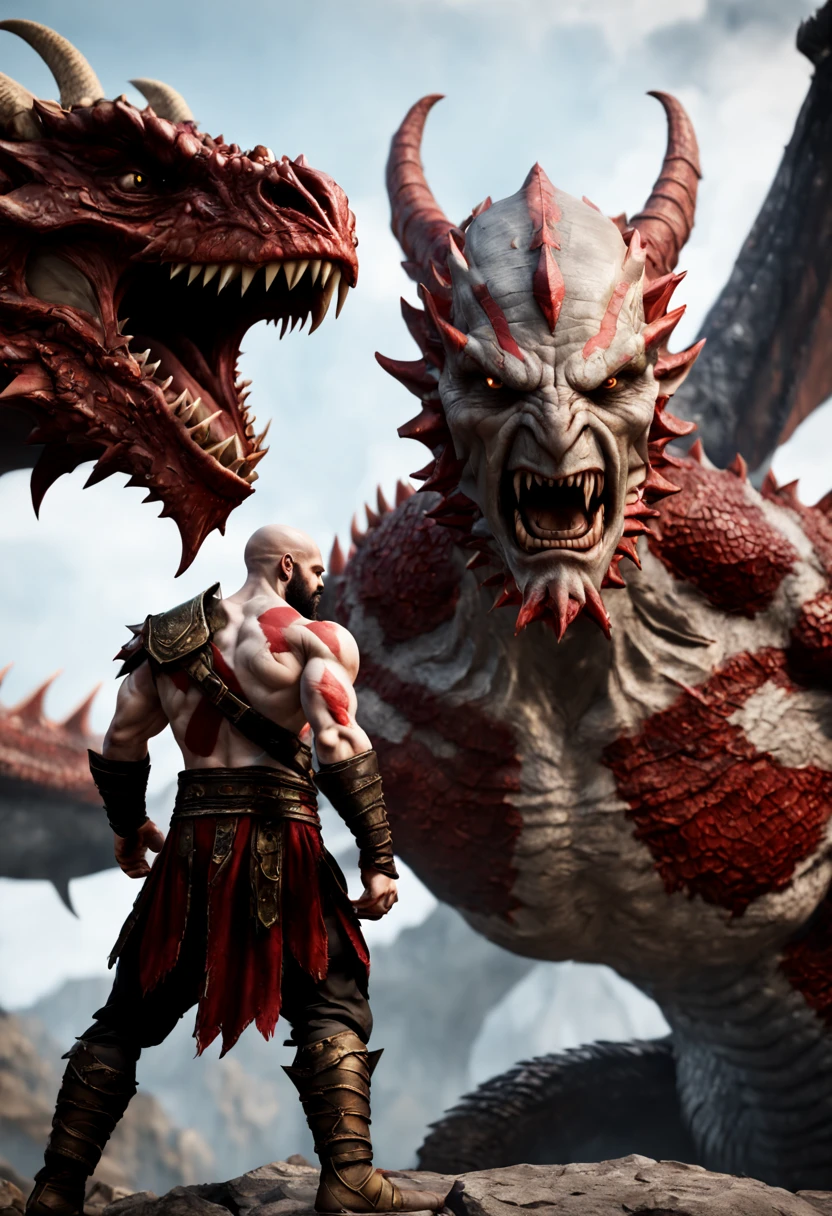 A hyperrealistic Kratos, Standing in front of a giant muscular Dragon Theriantrophy ready to fight it. (FRONT ANGLE), ray tracing, Bokeh