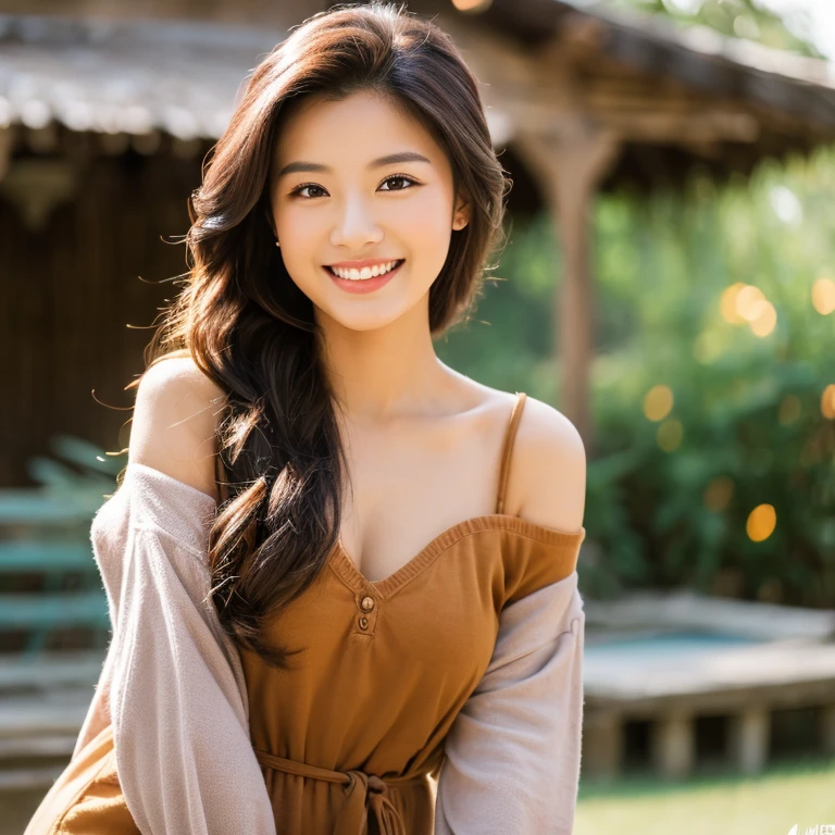 Masterpiece, malay babe, 23yo, professional model, portrait, blur background, white dress, long messy morning hair, off shoulder, dark highlighted wavy hair, soft light, professional light, great smile, hazel eyes,(( casual home wear)), morning bed, ((oversized shirt)), looking straight to audience, large sized breast, shy pose, ((brown shirt)), solo, 8K quality, hi-resolution, midshot, waist shot, beautiful background, (high-ponytail hair)