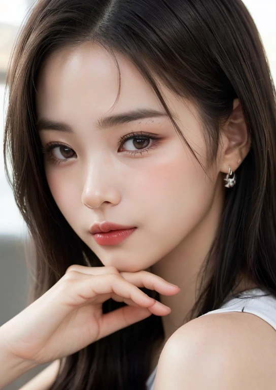 (masterpiece, highest quality、Beautiful woman full of charm:1.4、head tilt),1 girl, solo, black haired, realistic, looking at the viewer, pale black eyes, short hair, lip gloss,, closed mouth, Big eyes、eyelash、((((topless))))、((Big eyesのショートヘアー、Give students very strong highlights、very big breasts、look at the viewer、very beautiful beauty、Please show your ears、long neck、smile a little、please close your mouth and smile)))、28 years old、Cute supermodels