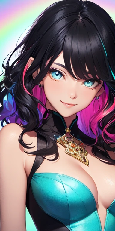 (black hair,colorful fluorescence multicolored hair:1.5,wavy hair:1.5), (masterpiece, sidelights, exquisite beautiful eyes: 1.5), masterpiece*portrait, realistic, ((Colorful background of different colors:1.5)),(Gentle face:1.5),colorful,3D face,(cute face),front view: 1.6、 (glowing red eyes:1.2),(tareme:1.5)、(cute smile:1.5),,Slim Body, shiny hair, shiny skin: 1.5、medium breasts,、solo,(stand)、(tide dress:1.5)、(charactor focus:1.5、portlate、eye focus,cowboy shot)、bright atmosphere,intricatedetails