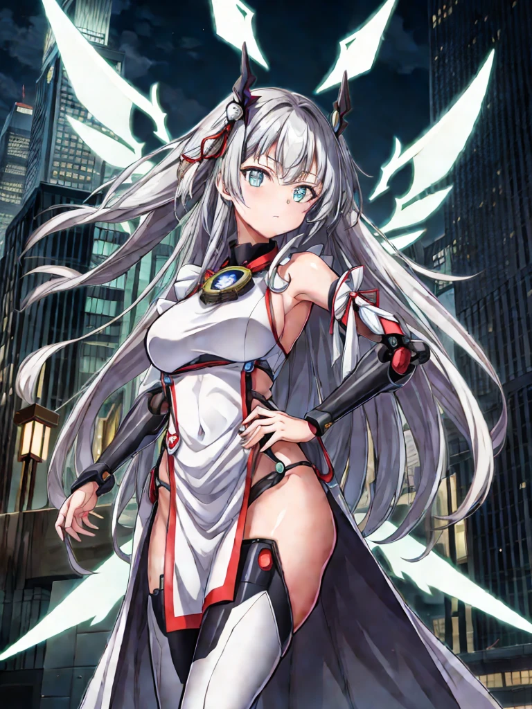 highest quality、very詳細な、masterpiece、super detailed、enlightenment、((1 girl))、silver hair、hair length、floating hair、、cyber city、Neon building、(Upper body:1.05)、very_be familiar with_eye_and_face,cybernetic wings mechanical wings、random posture、Skyscraper、、Mechumusume、shrine maiden costume,Maid clothes、random angle、anime style,cowboy shot